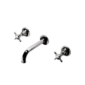 Waterworks Easton Vintage Low Profile Three Hole Wall Mounted Lavatory Faucet with Elongated Spout and Metal Cross Handles in Nickel