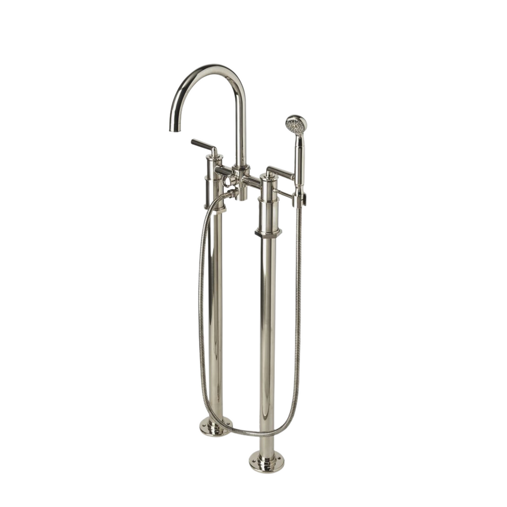 Waterworks Henry Exposed Floor Mounted Tub Filler with 2.5gpm Handshower and Metal Lever Handles in Burnished Brass