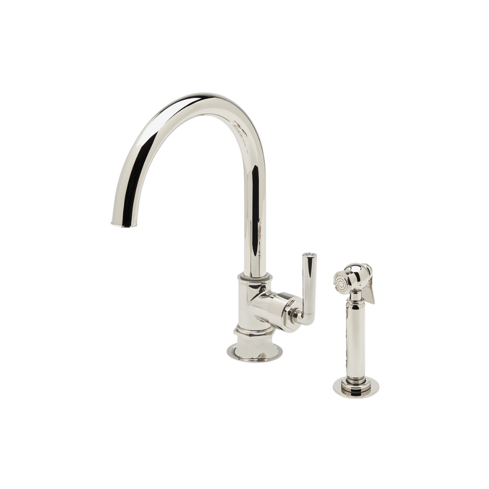 Waterworks Henry One Hole Gooseneck Kitchen Faucet, Metal Lever Handle and Spray in Nickel