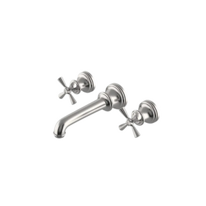 Waterworks Foro Three Hole Wall Mounted Lavatory Faucet with Metal Cross Handles in Matte Nickel