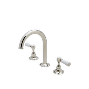 Waterworks Highgate Gooseneck Lavatory Faucet with Porcelain Lever Handles in Nickel