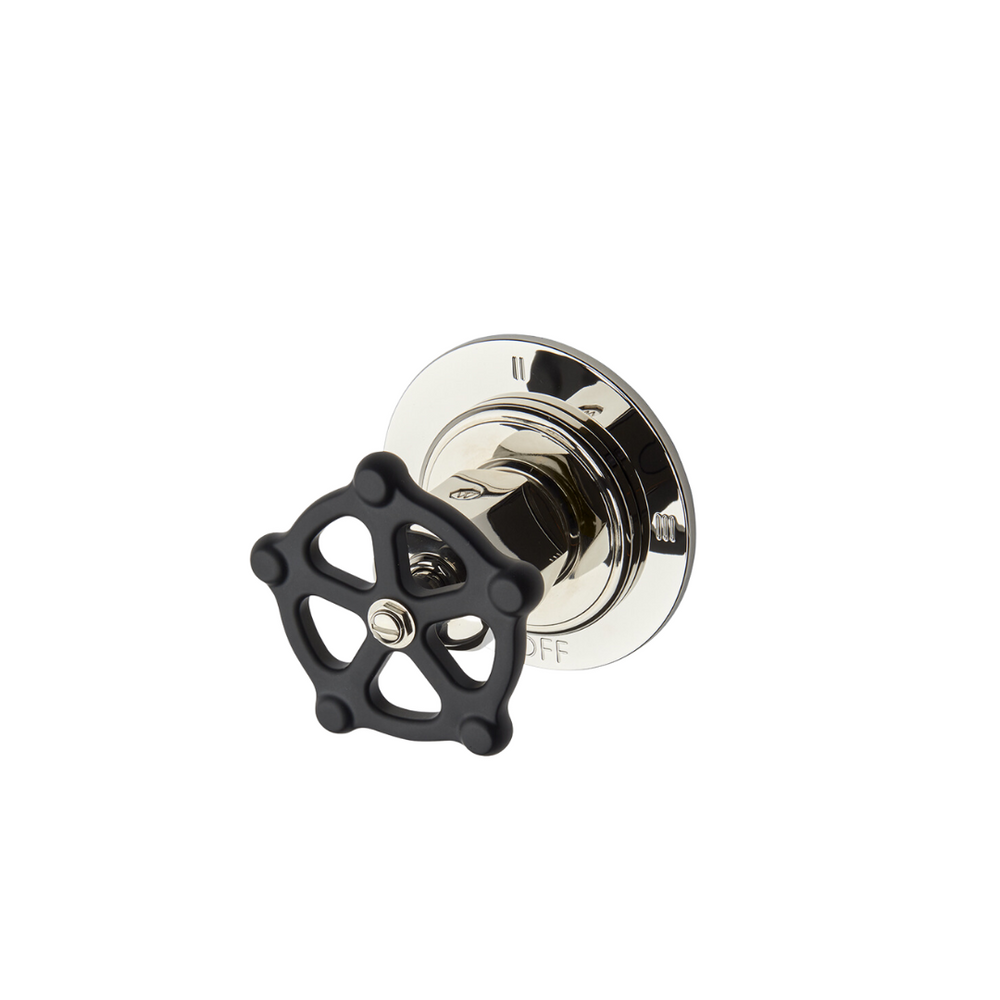 Waterworks Regulator Three Way Thermostatic Diverter Valve Trim with Black Wheel Handle in Brass