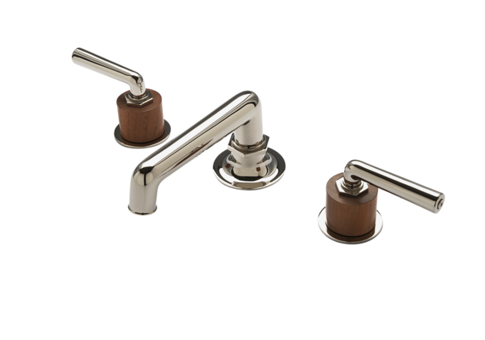Waterworks Henry Low Profile Three Hole Deck Mounted Lavatory Faucet with Teak Cylinders and Metal Lever Handles in Chrome