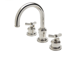 Waterworks Aero Gooseneck Three Hole Deck Mounted Lavatory Faucet with Metal Cross Handles in Burnished Nickel