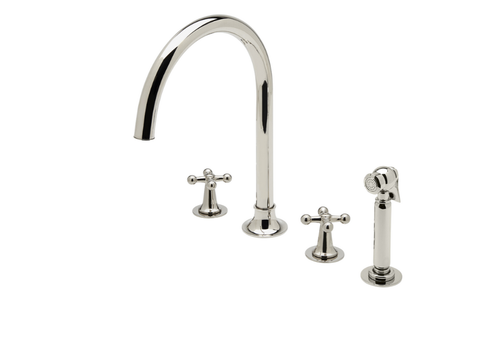 Waterworks Dash Three Hole Gooseneck Kitchen Faucet with Metal Cross Handles and Spray in Nickel