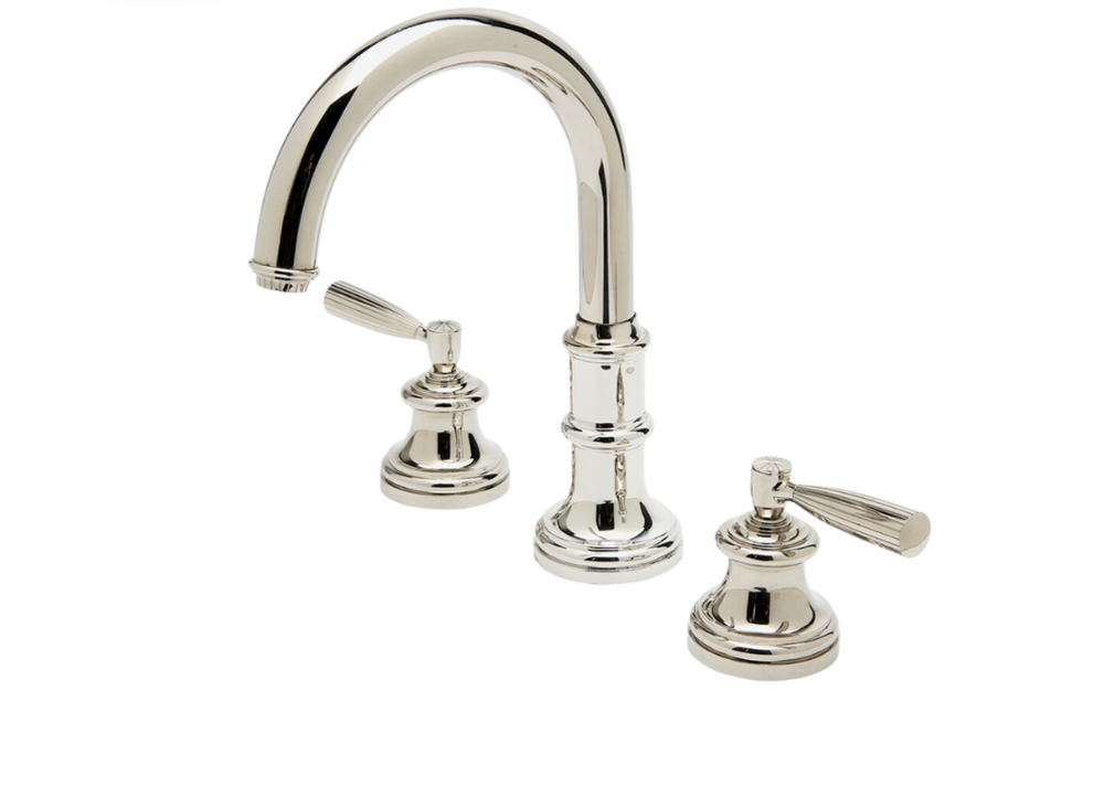 Waterworks Foro Gooseneck Three Hole Deck Mounted Lavatory Faucet with Metal Lever Handles in Chrome