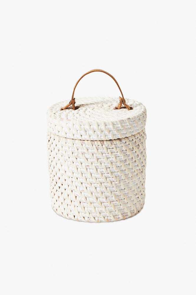 Waterworks Palm Extra Small Basket with Lid and Leather Handle in White Wash