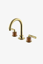 Waterworks Henry Gooseneck Three Hole Deck Mounted Lavatory Faucet with Teak Cylinders and Metal Lever Handles in Chrome