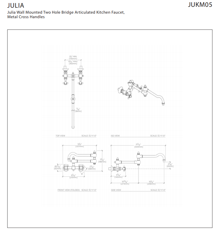 Waterworks Julia Wall Mounted Two Hole Bridge Articulated Kitchen Faucet, Metal Cross Handles in Nickel