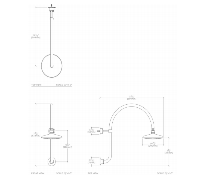 Waterworks Henry Gooseneck 8" Shower Rose, Arm and Flange in Brass