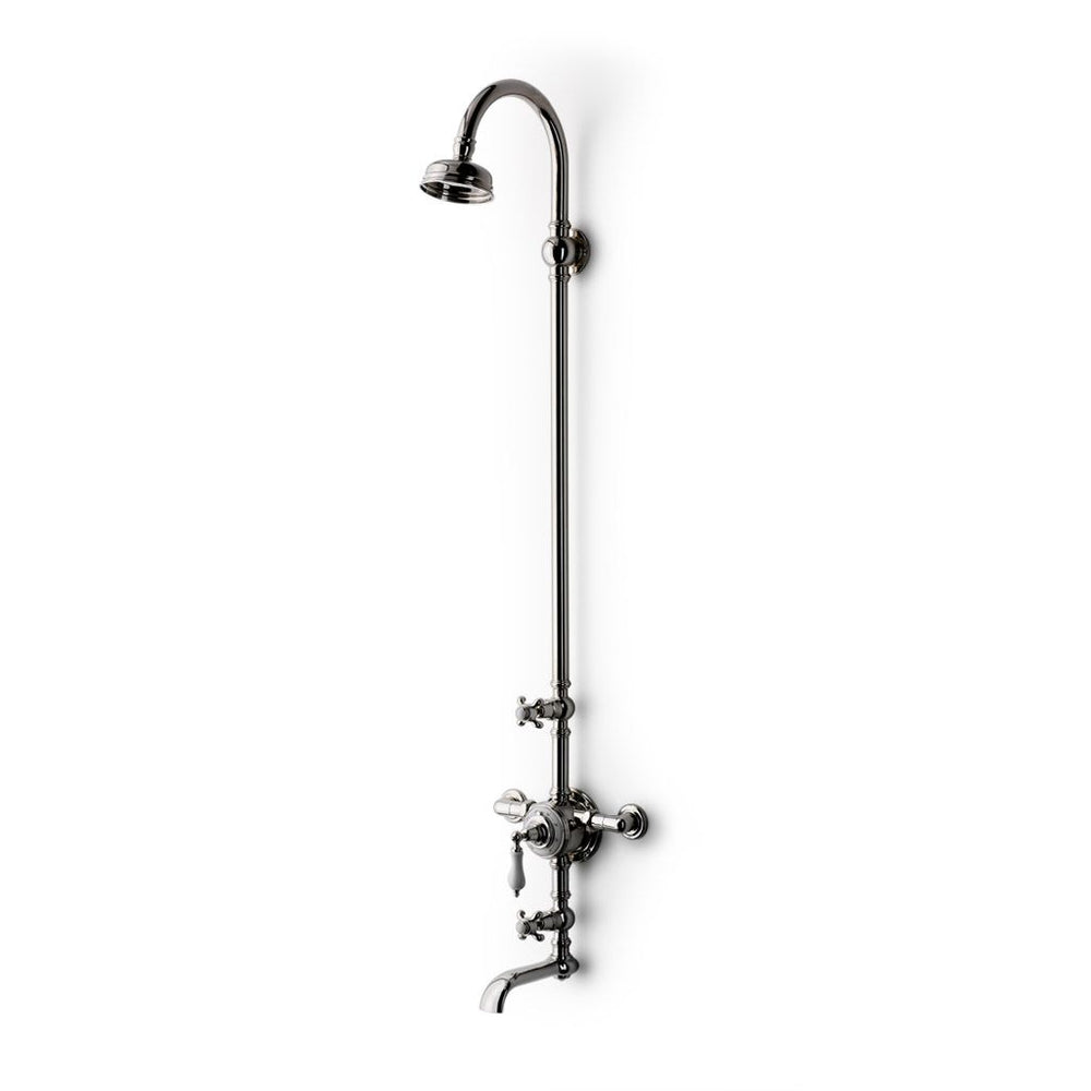 Waterworks Etoile Exposed Thermostatic System with 4 1/2" Shower Rose, Tub Filler and Handshower and White Porcelain Lever Handles in Nickel