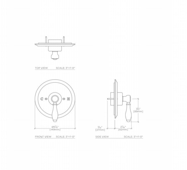 Waterworks Easton Classic Pressure Balance with Black Porcelain Lever Handle in Brass