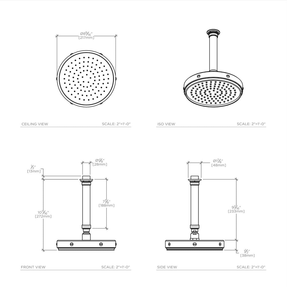 Waterworks RW Atlas 8 1/2" Ceiling Mounted Shower Head, Arm and Flange in Nickel