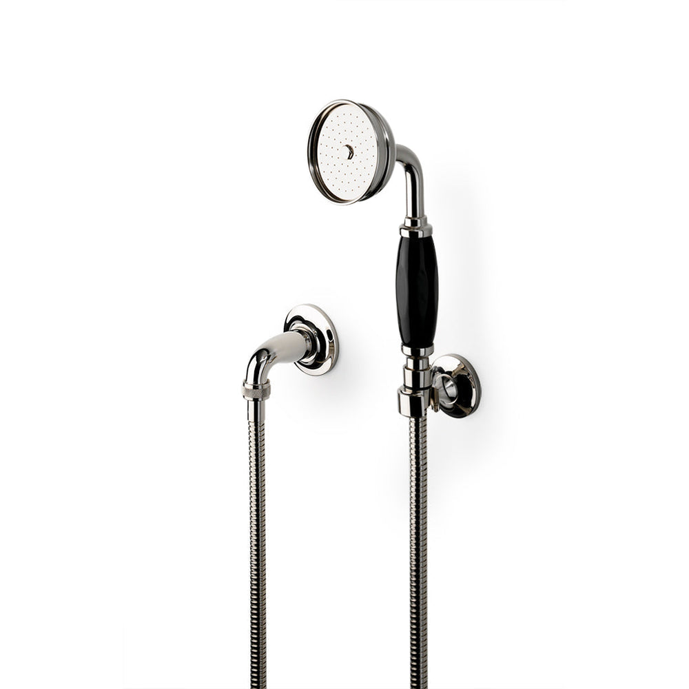 Waterworks Easton Classic Handshower on Hook with Black Porcelain Handle in Nickel