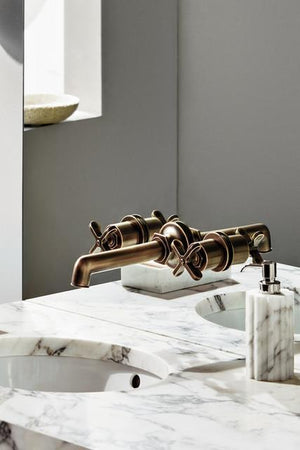 Waterworks Henry Wall Mounted Lavatory Faucet with Red & Blue Screw Temperature Indicators in Matte Gold