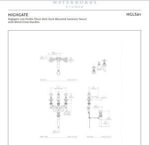 Waterworks Highgate Low Profile Three Hole Deck Mounted Lavatory Faucet with Metal Cross Handles in Nickel