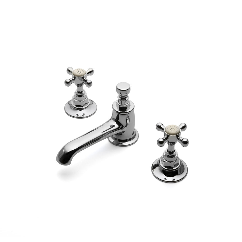 Waterworks Highgate Low Profile Three Hole Deck Mounted Lavatory Faucet with Metal Cross Handles in Chrome
