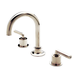 Waterworks Henry Gooseneck Three Hole Deck Mounted Lavatory Faucet with Metal Lever Handles in Nickel