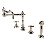 Waterworks Julia Three Hole Articulated Kitchen Faucet, Metal Cross Handles and Spray in Unlacquered Brass