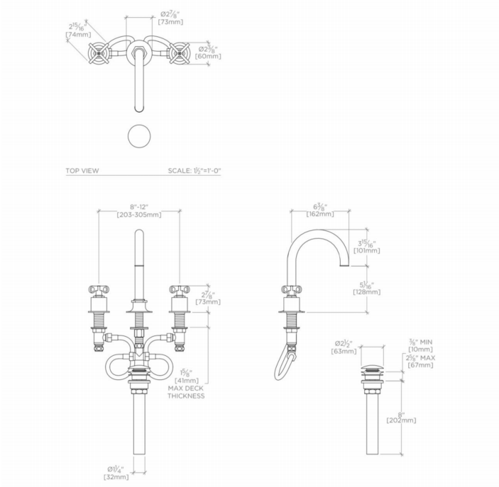 Waterworks Henry Gooseneck Three Hole Deck Mounted Lavatory Faucet with Metal Cross Handles in Nickel