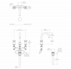 Waterworks Henry Gooseneck Three Hole Deck Mounted Lavatory Faucet with Metal Cross Handles in Nickel