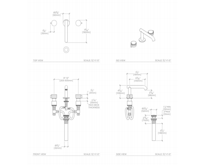 Waterworks Decibel  Low Profile Three Hole Deck Mounted Lavatory Faucet with Metal Knob Handles in Nickel