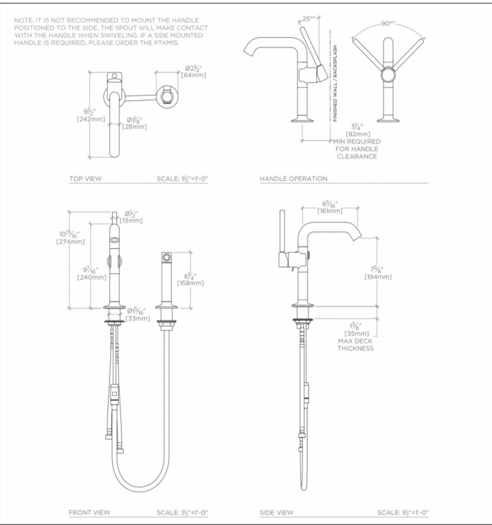 Waterworks .25 One Hole High Profile Kitchen Faucet, Short Metal Lever Handle and Metal Spray in Matte Nickel