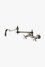 Waterworks Julia Wall Mounted Two Hole Bridge Articulated Kitchen Faucet, Metal Cross Handles in Unlacquered Brass