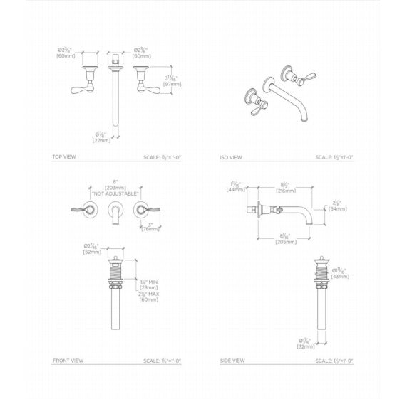 Waterworks Easton Classic Low Profile Three Hole Wall Mounted Lavatory Faucet with Elongated Spout and Black Porcelain Lever Handles in Chrome
