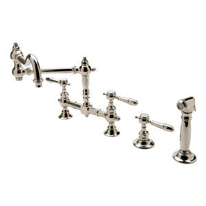 Waterworks Julia Two Hole Bridge Articulated Kitchen Faucet, Metal Lever Handles and Spray in Chrome
