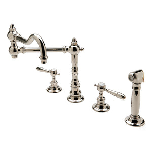 Waterworks Julia Three Hole Articulated Kitchen Faucet, Metal Lever Handles and Spray in Matte Nickel