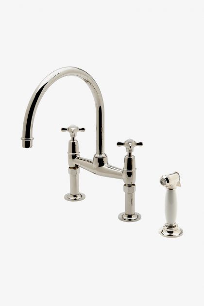 Waterworks Easton Classic Two Hole Bridge Kitchen Faucet, Metal Cross Handles and White Porcelain Spray in Chrome