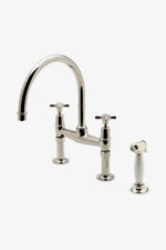 Waterworks Easton Classic Two Hole Bridge Kitchen Faucet, Metal Cross Handles and White Porcelain Spray in Chrome