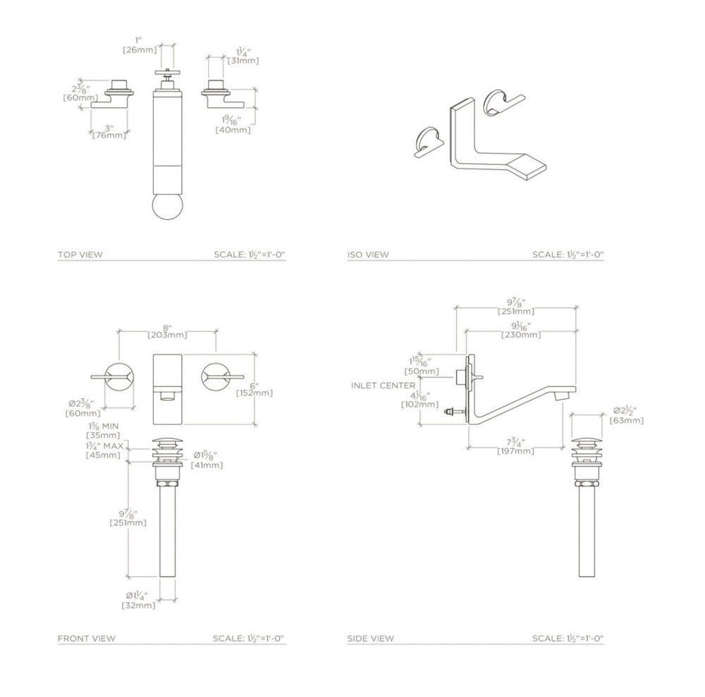 Waterworks Formwork Low Profile Three Hole Wall Mounted Lavatory Faucet with Metal Lever Handles in Matte Nickel