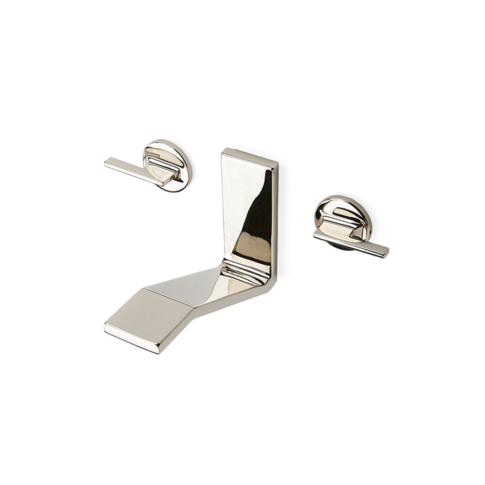 Waterworks Formwork Low Profile Three Hole Wall Mounted Lavatory Faucet with Metal Lever Handles in Matte Nickel