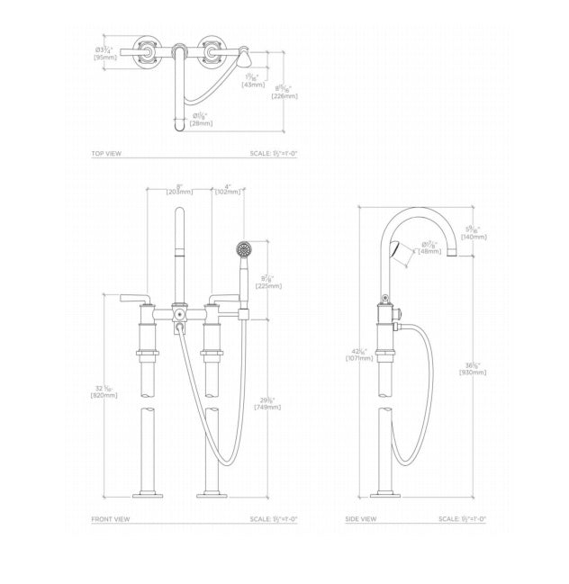 Waterworks Henry Exposed Floor Mounted Tub Filler with Handshower and Metal Lever Handles in Vintage Brass