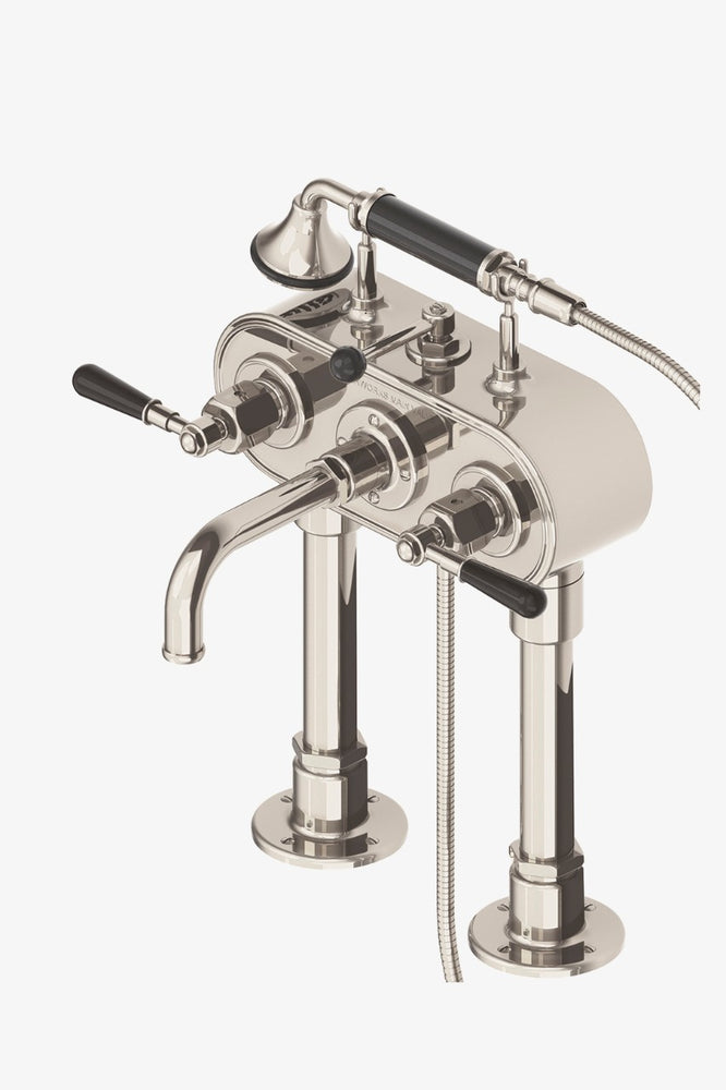 Waterworks Regulator Exposed Deck Mounted Tub Filler with Black Lever Handles Handshower in Nickel