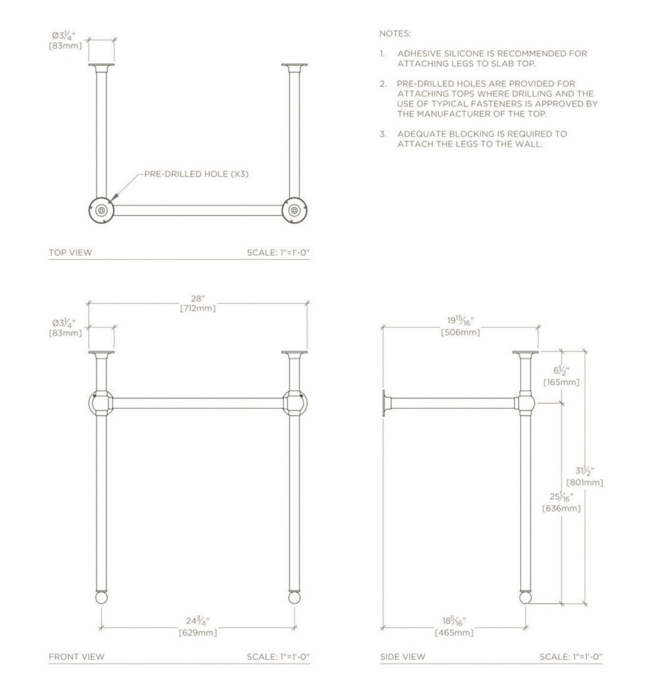 Universal Metal Round Two Leg Single Washstand 28" x 19 15/16" x 31 1/2" in Matte Nickel