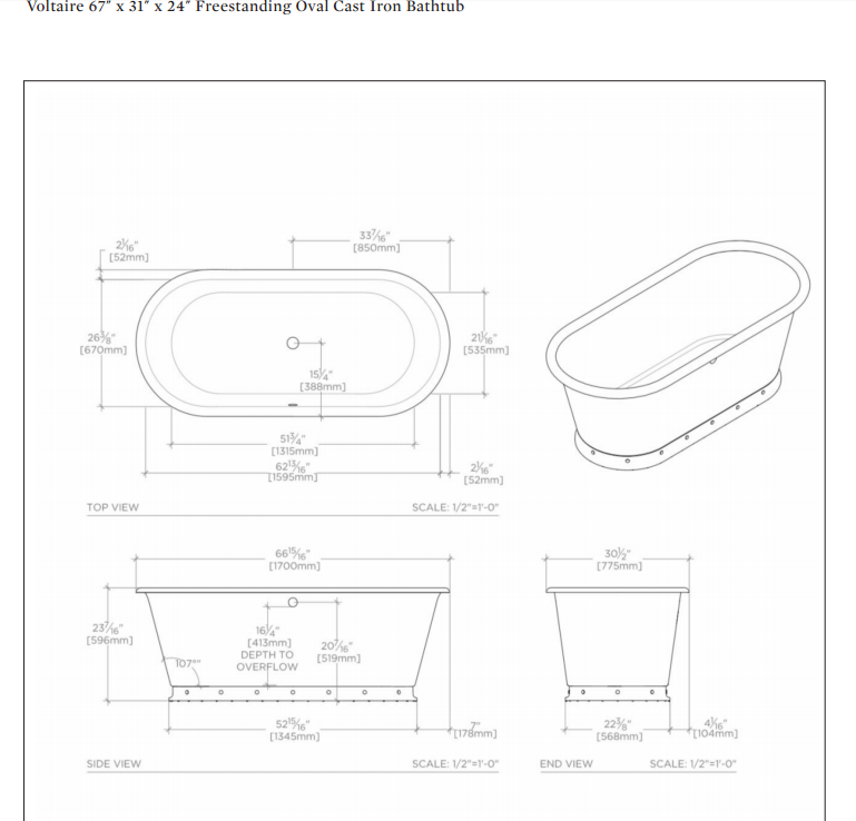 Waterworks Voltaire 67" x 30" x 24" Freestanding Oval Cast Iron Bathtub without Slip Resistance in Burnished