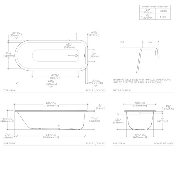 Waterworks Saxby 70" x 30" x 19" Drop In Oval Cast Iron Bathtub withou