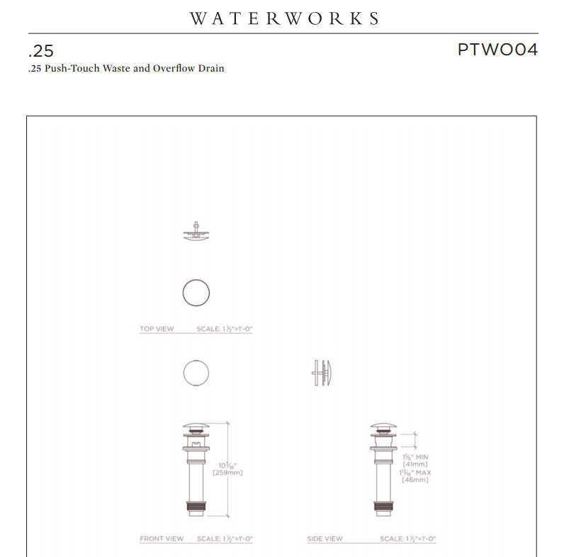 Waterworks .25 Push-Touch Waste and Overflow Drain in Dark Brass