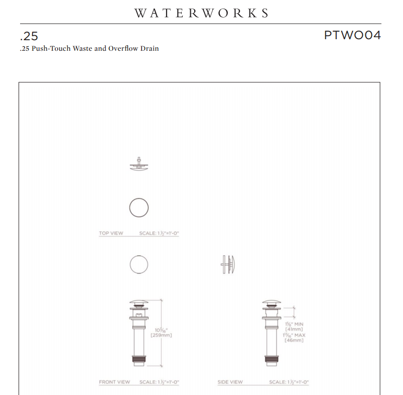 Waterworks .25 Push-Touch Waste and Overflow Drain in Matte Gold