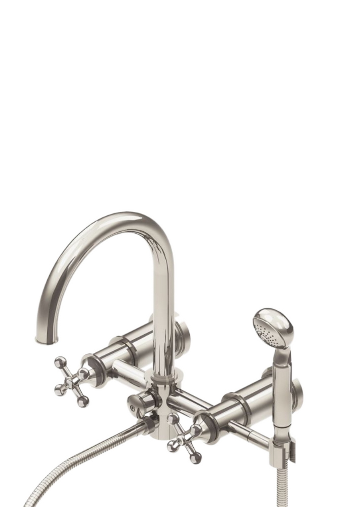 Waterworks Dash Wall Mounted Exposed Tub Filler with 1.75gpm Metal Handshower and Cross Handles in  Brass