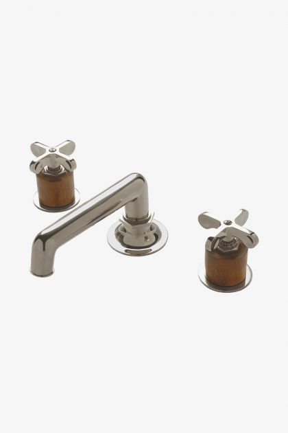 Waterworks Henry Low Profile Three Hole Deck Mounted Lavatory Faucet with Teak Cylinders and Metal Cross Handles in Chrome