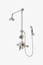 Waterworks Regulator Exposed Thermostatic Shower System with Handshower on Hook, Metal Lever and Wheel Handles in Burnished Brass, 1.75gpm