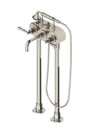 Waterworks Regulator Exposed Floor Mounted Tub Filler with Handshower and Metal Lever Handles in Nickel