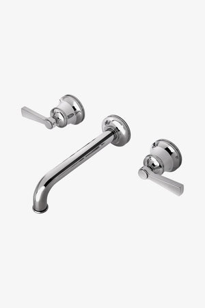 Waterworks Transit Low Profile Three Hole Wall Mounted Lavatory Faucet with Metal Lever Handles in Nickel