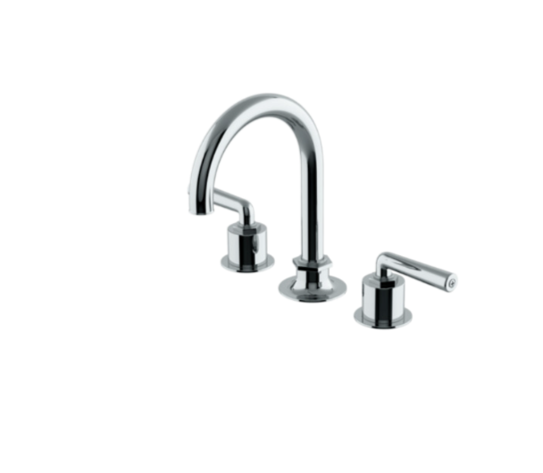 Waterworks Henry Gooseneck Three Hole Deck Mounted Lavatory Faucet with Metal Lever Handles in Chrome