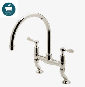 Waterworks Easton Classic Two Hole Bridge Gooseneck Kitchen Faucet, Metal Lever Handles in Carbon