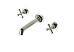 Waterworks Dash Three Hole Wall Mounted Lavatory Faucet with Metal Cross Handles in Matte Nickel